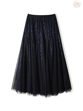 Sequin Tulle Skirt Layered Flowy Fairy Sparkle Party Mesh Tea Length Big Hem